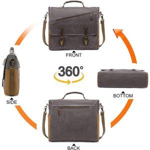 Messenger Bag, 15.6" Waterproof Waxed Canvas Briefcase Vintage Leather for  Men
